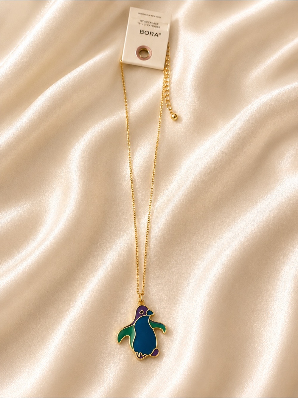 Gold-Plated Penguin Pendant Necklace - Blue & Green Enamel